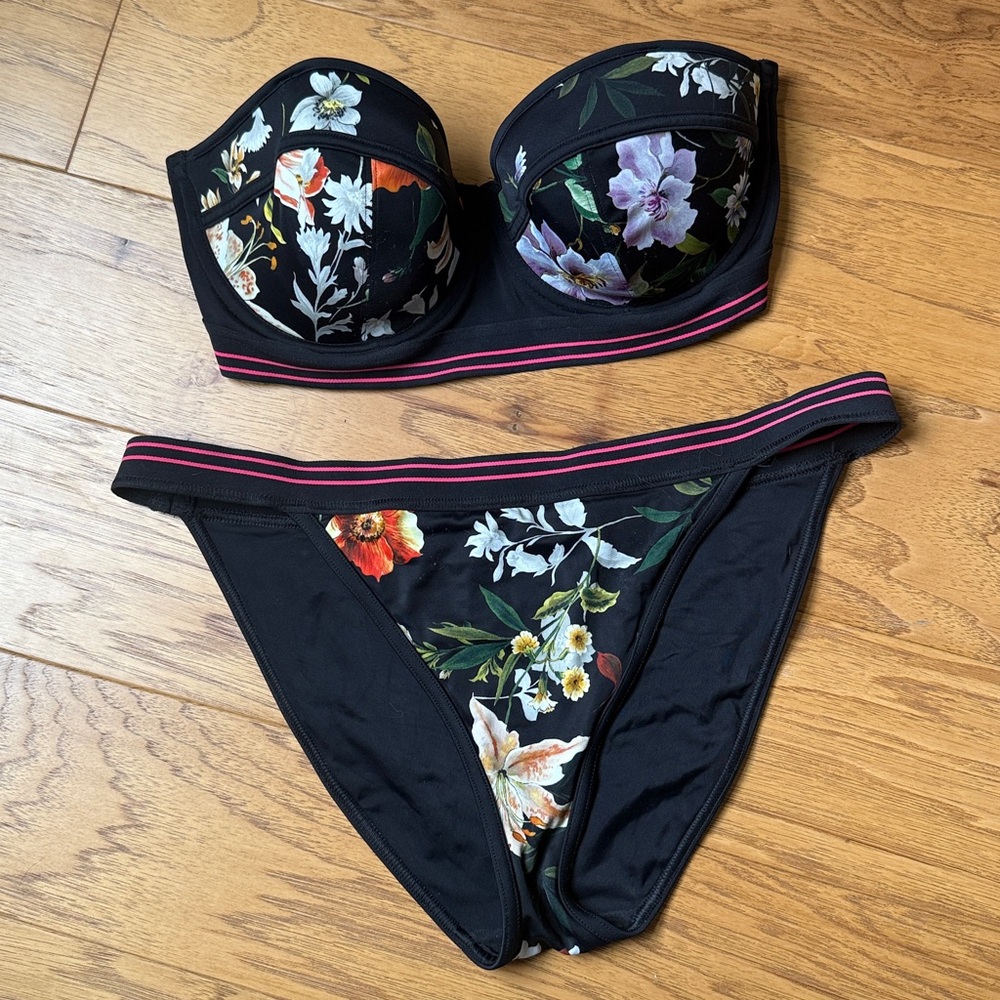 Freya Black Floral Bikini Set with Pink Stripe Trim